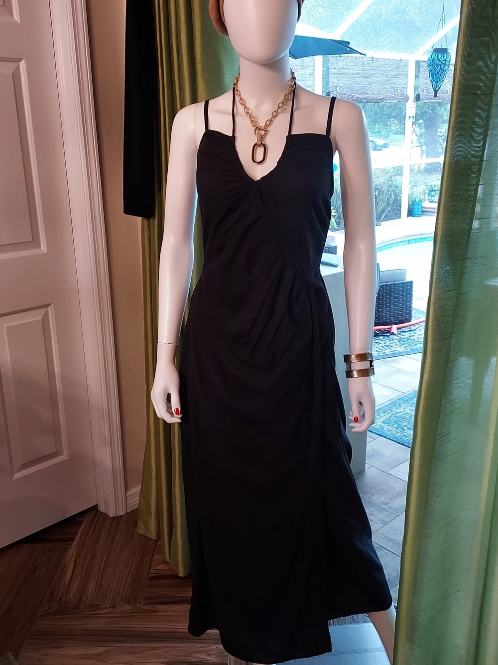 Molly Bracken Black Ruched Sleeveless Midi/ Maxi Dress. Sz XS